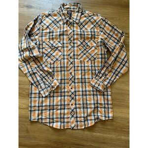 Sportier Mens Shirt M‎ Black Pearl Snap Orange Plaid Long Sleeves Western Cowboy